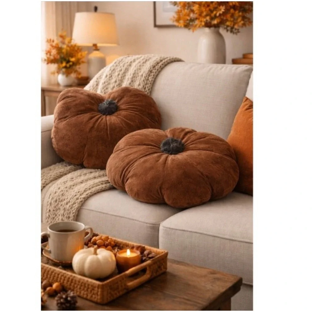 Set of 2 Pumpkin Decorative Throw Pillows Terracotta Brown Fall Autumn Decor